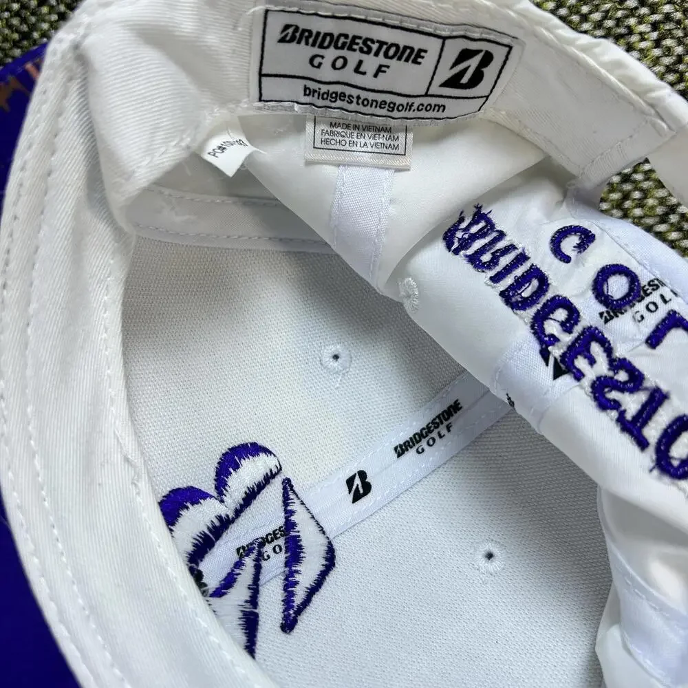 Bridgestone Golf White Hat Purple Tropical Palm‎ Tree Brim Snapback B Logo